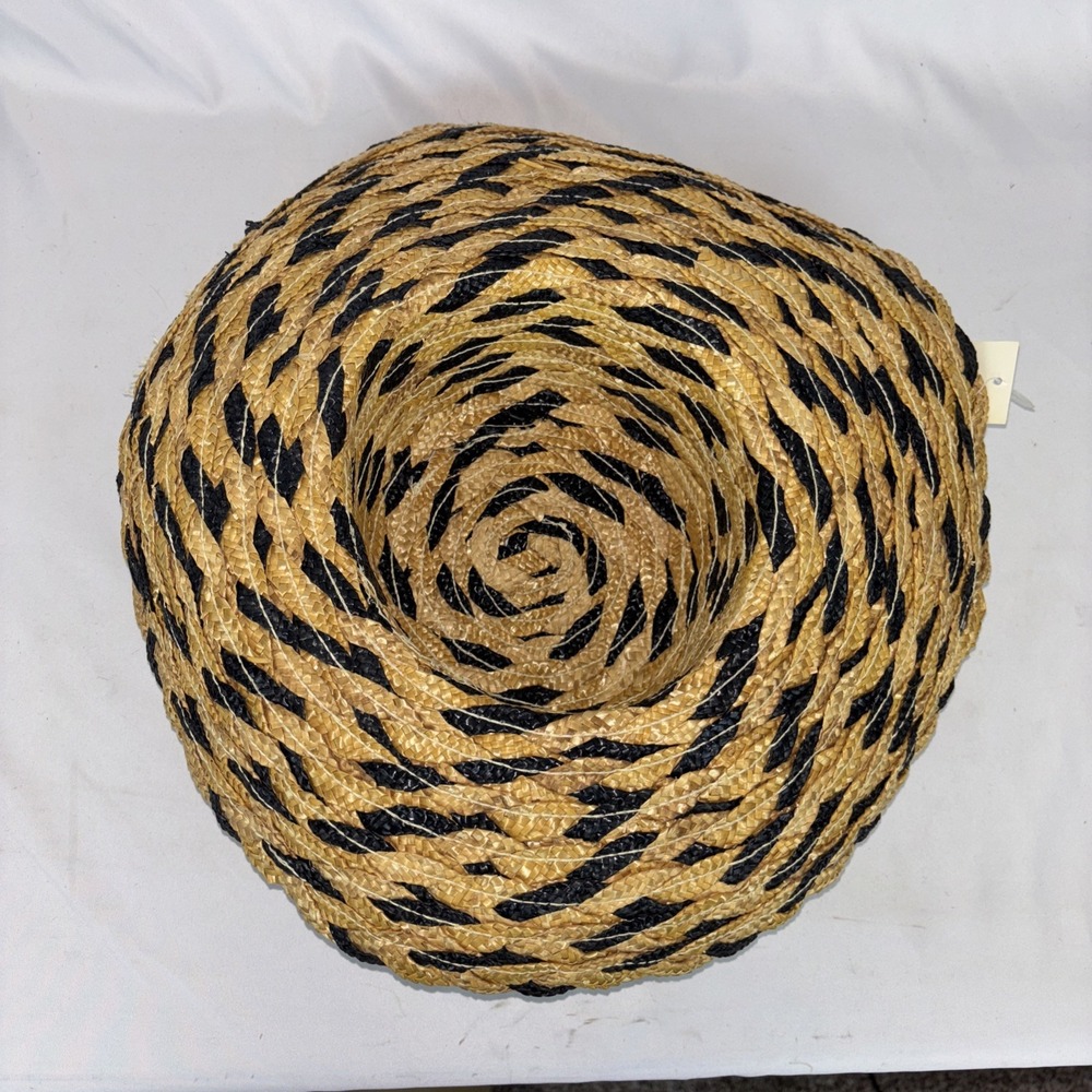 NWT Woven Straw Hat Wide Brim Black Animal Print Beach Casual Sun Hat NEW - Picture 9 of 11